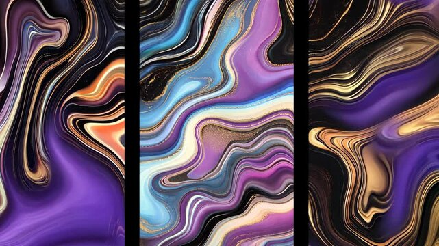 Colorful abstract waves create a mesmerizing triptych with vibrant patterns and flowing textures