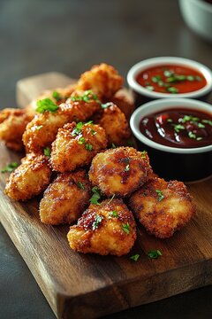 Breaded chicken strips or nuggets with two kinds of sauces and fried potatoes on a wooden Board. Fast food on dark brown background. with copy space