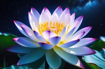 A radiant white lotus with delicate purple-tipped petals illuminated under a starry cosmic backdrop, showcasing its golden-yellow core and lush green leaves