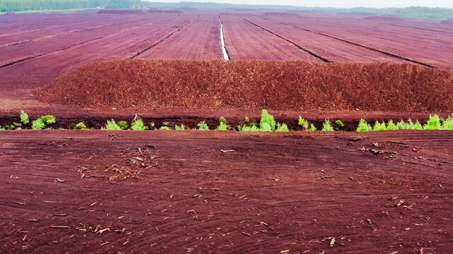 Peat extraction harvesting fields aerial view. A vast peat extraction field with large peat piles. Nature protection. Environmental degradation.