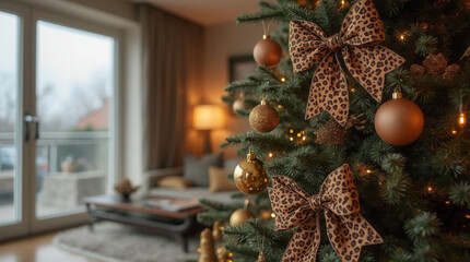 Fototapeta premium christmas tree with leopard print bow and baubles