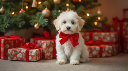 Maltipoo puppy is sitting near Christmas tree
