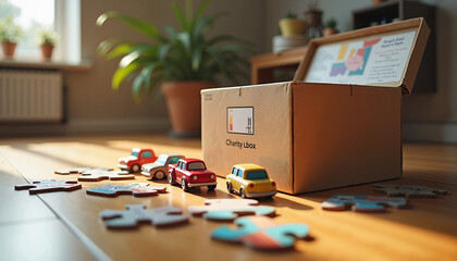 Charity box filled with toys and puzzles on a wooden floor during a community giving initiative