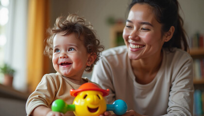Fototapeta premium Joyful toddler playing with a colorful toy alongside a smiling mother in a cozy living room