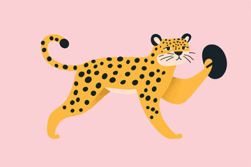 Dynamic Vector Illustration of Adorable Cartoon Leopards and a Sprinting Cheetah in Various Poses on an Orange and white Background.