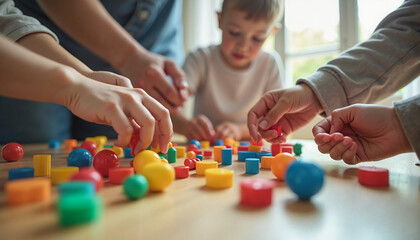 Hands of children and adults playing with colorful building blocks on a wooden table during creative time