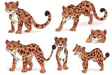 Dynamic Vector Illustration of Adorable Cartoon Leopards and a Sprinting Cheetah in Various Poses on an Orange and white Background.