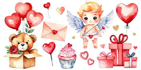 Watercolor hand drawn painting of a cute elements for Valentine's Day design: candy hearts, lollipop and cupcake, cupid, gift box with cute bear and heart balloons, love letter. Vector illustrations