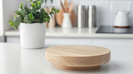Elegant round wooden serving platter. Wooden podium on soft, neutral kitchen background.