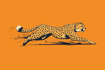 Dynamic Vector Illustration of Adorable Cartoon Leopards and a Sprinting Cheetah in Various Poses on an Orange and white Background.