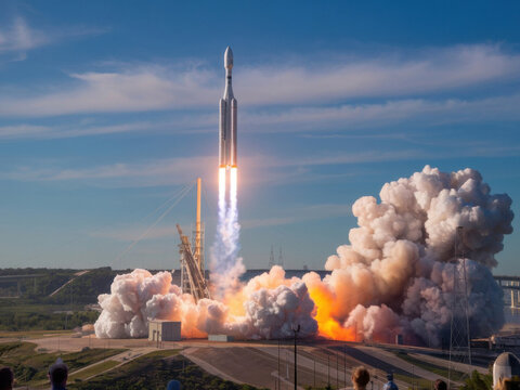 Lanzamiento de cohete. El cohete est&aacute; completamente envuelto en llamas y humo, y se lanza hacia el cielo
