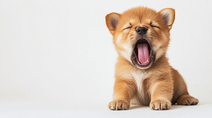 Obraz premium Cute adorable little puppy dog yawning isolated on white background. funny and sweet small domestic baby pet animal, tired lovely fluffy companion, open mouth, sleep, rest.