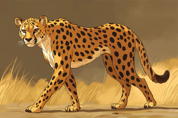 Dynamic Vector Illustration of Adorable Cartoon Leopards and a Sprinting Cheetah in Various Poses on an Orange and white Background.