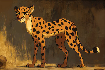 Dynamic Vector Illustration of Adorable Cartoon Leopards and a Sprinting Cheetah in Various Poses on an Orange and white Background.