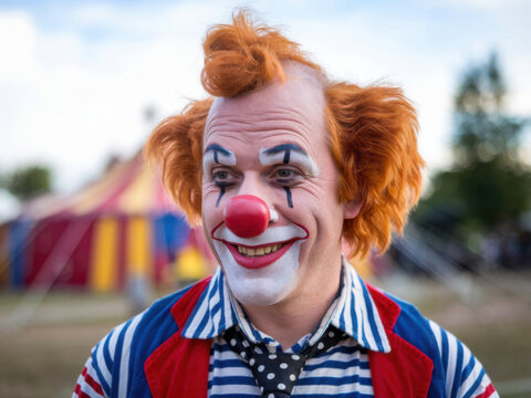 Retrato de un payaso con pelo rojo y una sonrisa pintada fuera de un circo
