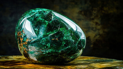 A polished gemstone texture in deep emerald green, showcasing natural inclusions and captivating light reflections, rich and elegant.