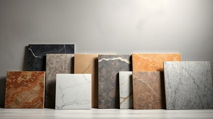 A variety of stone and tile samples in different colors and textures, space for copy