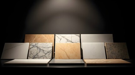 A variety of stone and tile samples in different colors and textures, space for copy