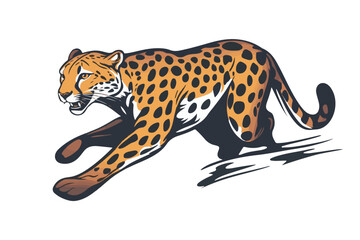 Dynamic Vector Illustration of Adorable Cartoon Leopards and a Sprinting Cheetah in Various Poses on an Orange and white Background.