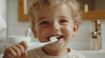 Portrait of happy smiling little boy brushing or washing his teeth with toothbrush isolated. male child or kid mouth dental hygiene and health care, morning bathroom routine, stomatology, oral, fresh.