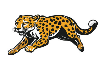 Dynamic Vector Illustration of Adorable Cartoon Leopards and a Sprinting Cheetah in Various Poses on an Orange and white Background.