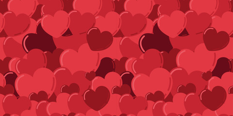 Lovely Valentine's Day pattern with dense arrangement of red and burgundy hearts. Romantic Valentine's Day element - heart ornaments in vector flat style. For holiday decor, prints, love graphics.
