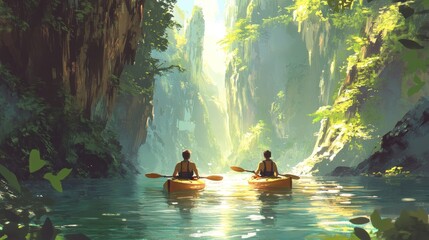 Two kayakers paddle through a serene, sunlit canyon, lush green vegetation surrounding the calm water.