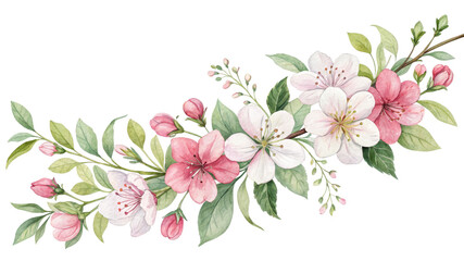 Fototapeta premium Watercolor Pink and White Blossom Branch Composition, Isolated on White Background, Floral Design Element, Spring Flowers Spring, Watercolor, Floral, Botanical