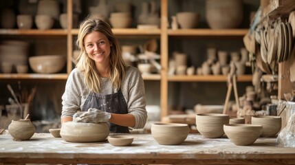 traditional pottery making in a rural workshop, artisans crafting pottery by hand in a rustic setting, preserving the art of pottery in a countryside studio