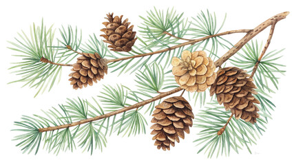 Fototapeta premium Watercolor Pine Branch Composition Detailed illustration of a pine branch with multiple cones, isolated on white background. Pine branch, watercolor painting, pine cone, botanical illustration