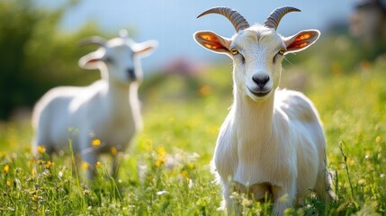 Obraz premium Beautiful goats grazing on the grass in the countryside.