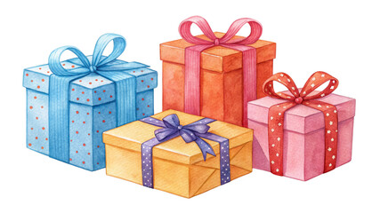 Obraz premium Watercolor Gift Boxes Composition Four Colorful Presents Isolated on White Background,Gift,Present,Watercolor,Birthday