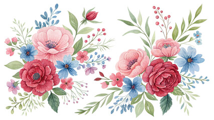 Watercolor Floral Composition Pink and Red Roses, Blue Flowers, Isolated on White Background