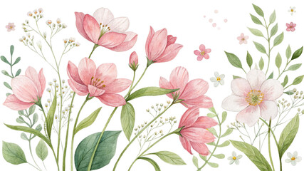 Watercolor Floral Composition Pink and White Flowers, Isolated on White Background, Botanical Illustration, Spring Bloom Floral arrangement, watercolor painting, flower illustration, botanical art