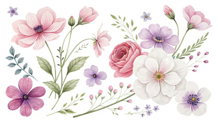 Fototapeta premium Watercolor Floral Composition Pink and Purple Flowers Isolated on White Background, Botanical Illustration, Spring Bloom, Flower Arrangement
