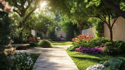 Obraz premium tranquil garden with blooming flowers and gentle pathways, peaceful garden oasis surrounded by lush greenery, serene retreat in a beautifully landscaped garden