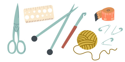 Obraz premium Knitting and crocheting tools. Scissors and knitting needles with a crochet hook and ball of yarn. Set of hobby accessories.