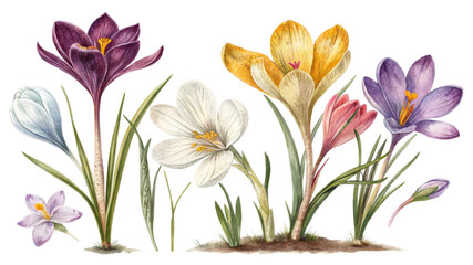 Fototapeta premium Watercolor Crocus Flowers Composition Botanical Illustration, Isolated on White Background, Spring Bloom, Floral Design crocus, watercolor, botanical illustration, spring flowers