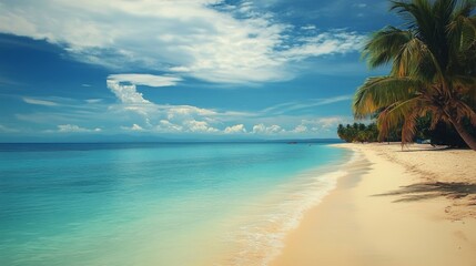 Fototapeta premium tropical beach,serene tropical beach with palm trees and crystal-clear waters, vibrant tropical paradise with golden sands and turquoise waves, relaxing getaway on a picturesque tropical beach