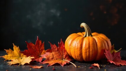 Autumn decoration concept made from autumn leaves and pumpkin on dark background