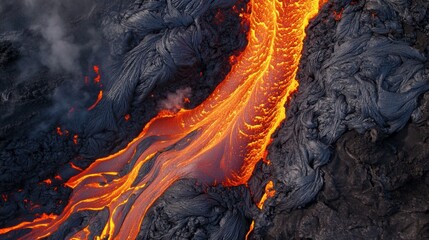 Raging flows of molten lava streak across dark volcanic rock, glowing in vibrant molten orange, fiery red, and deep black, depicting raw energy and the primal force of nature’s volcanic activity