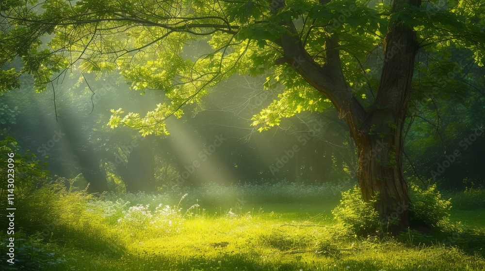 Aufkleber a serene and tranquil forest scene illuminated by soft beams of sunlight filtering through lush gree
