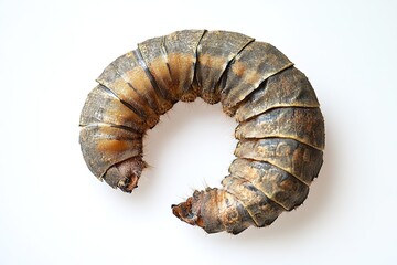 Curled brown caterpillar on white background
