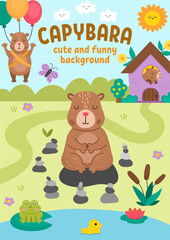 Vector vertical scene with capybaras. Landscape illustration with capibaras. Cute background or book cover for kids with adorable animals meditating, flying on balloons. Funny scene for kids