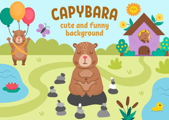 Naklejka premium Vector horizontal scene with capybaras. Landscape illustration with capibaras. Cute background or book cover for kids with adorable animals meditating, flying on balloons. Funny scene for kids