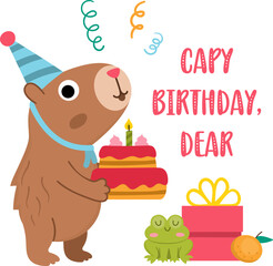 Vector Birthday capybara square card template. Cute capibara in cone hat holding cake with candle and standing near presents with frog. Holiday poster illustration. Comic trendy guinea pig