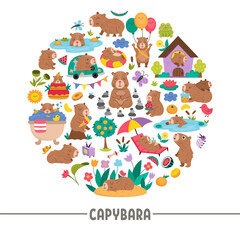 Vector capybara round frame with funny relaxed animals, frog, tangerines, fruit, flowers, butterfly. Capibara card template design for banners, invitations. Cute illustration with guinea pigs
