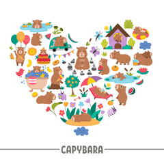 Vector capybara heart shaped frame with relaxed animals, frog, tangerines, fruit, flowers, butterfly. Capibara card template design for banners, invitations. Cute illustration with guinea pigs
