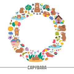 Vector capybara round wreath frame with relaxed animals, frog, tangerines, fruit, flowers, butterfly. Capibara card template design for banners, invitations. Cute illustration with guinea pigs