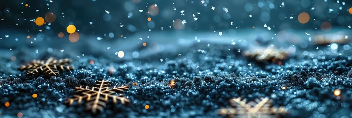 A serene winter scene with snowflakes falling on a textured surface adorned with wooden snowflakes.